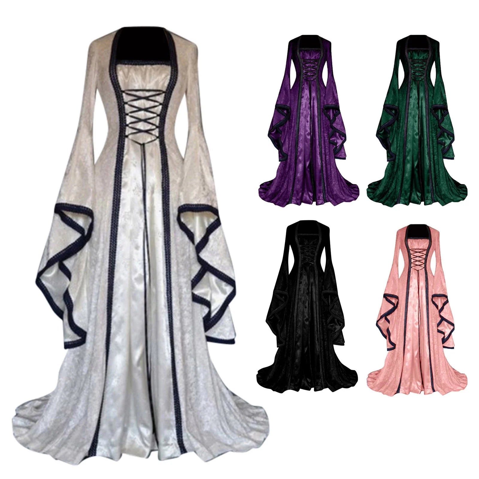 Women plus Size Medieval Renaissance Long Dress Retro Trumpet Sleeve Irish Dresses 17Th Century Elegant Victorian Dresses Halloween Dresses Clearance 2024